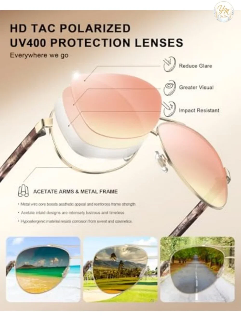 Polarized Sunglasses for Women UV400 Protection Handcrafted Acetate Metal Frame